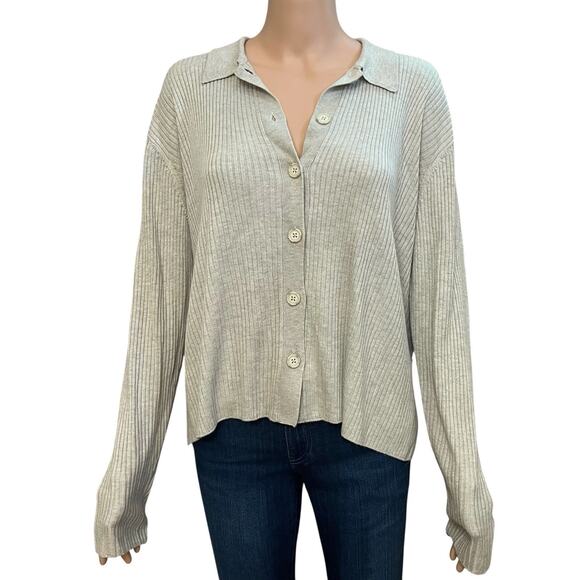 Splendid Georgie Ribbed Button Up Cardigan Sweater XL Cashblend Oat Heathered - Picture 1 of 8
